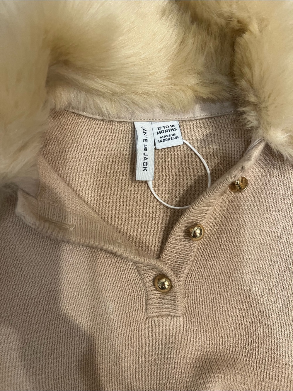 Janie and Jack Beige Knit Turtleneck Sweater with Faux Fur Collar